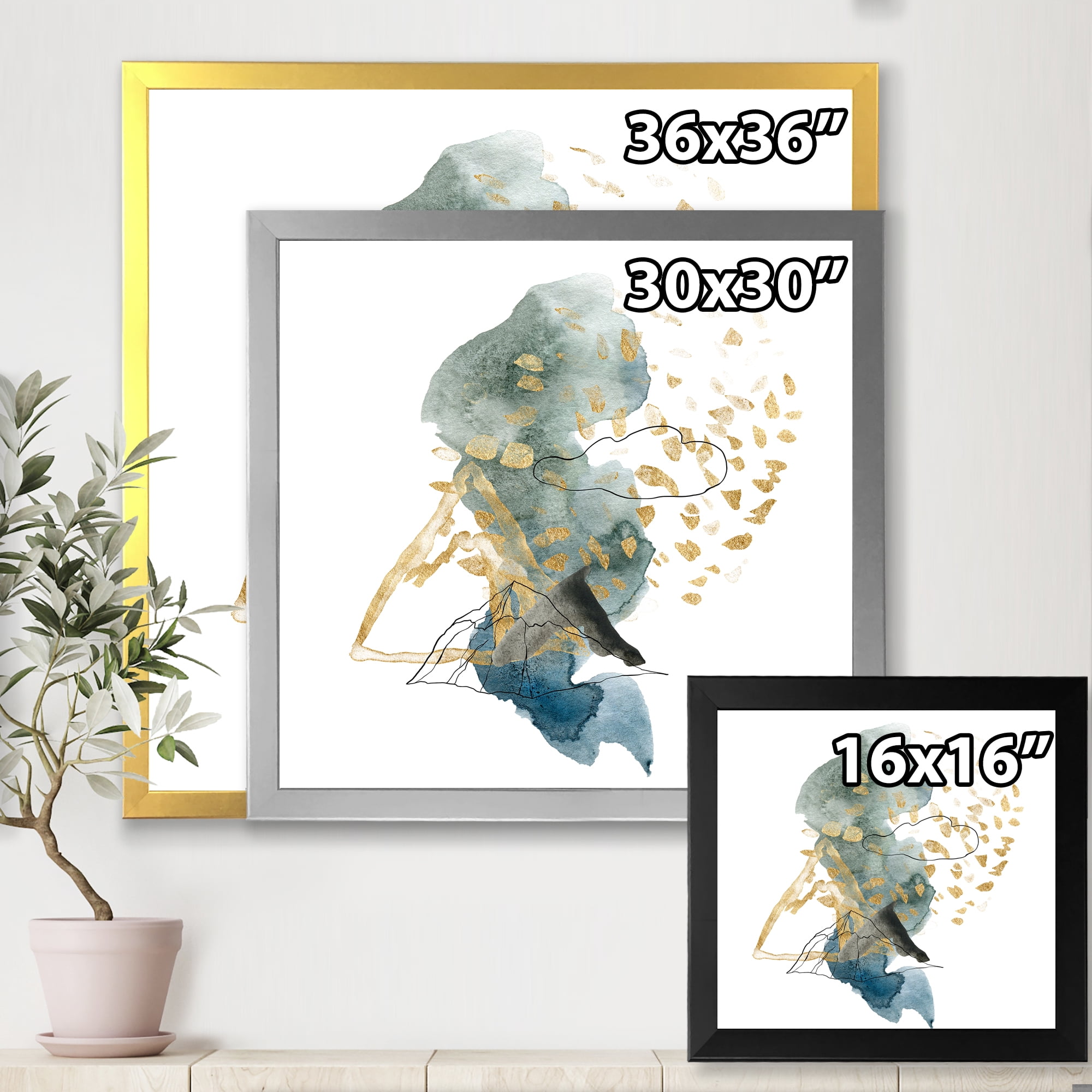 Designart 'Gold Strokes and Landscape of Dark Blue Mountains I' Modern Framed Art Print