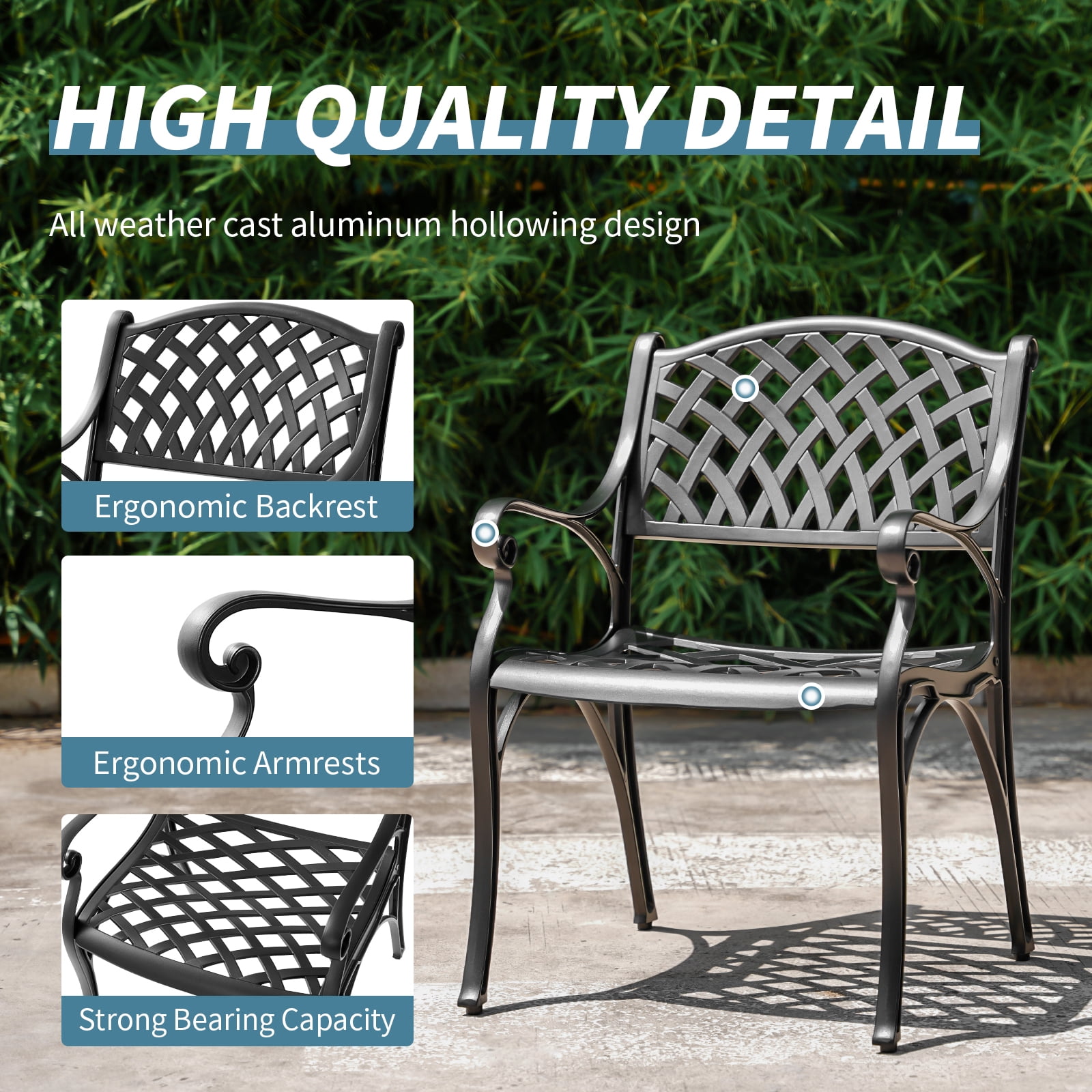 PATIO-IN Outdoor Patio Dining Chairs Set 4 Cast Aluminum Patio Bistro Chair with Armrest for Patio Furniture Set,Black