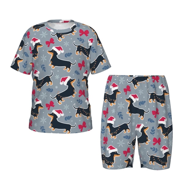 Balery Christmas Hat Dachshund Conjunto de Pijama Infantil de Manga Corta con Estampado – Ropa de Dormir de Algodón Suave-X-Large