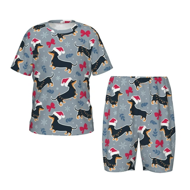 Balery Christmas Hat Dachshund Conjunto de Pijama Infantil de Manga Corta con Estampado – Ropa de Dormir de Algodón Suave-Small
