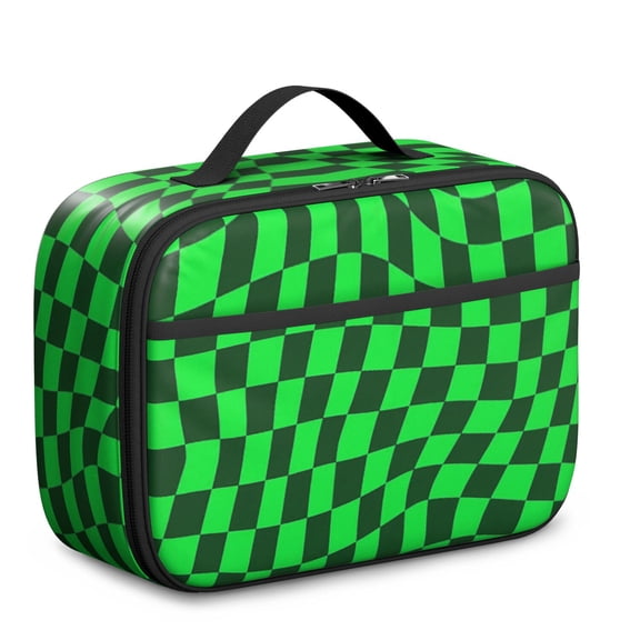 Green and Black Wavy Checkered Insulated Lunch Bag Teens,Bento School Lunch Bag for Teens for Work,Picnic or Travel 10.6x7.7x4.3 Inches,12 Can Capacity