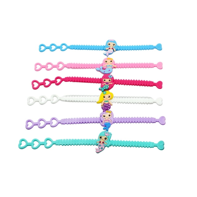 MasteelfCA 10PCS Mermaid Party Supplies Cartoon Mermaid Bracelet PVC Wristbands Bracelet Set for Kids. This set features 10 adjustable mermaid wristbands in random colors and patterns, made of eco-friendly, waterproof PVC material. Perfect for mermaid-themed parties, kids' birthday celebrations, and under-the-sea events, these bracelets also make great party favors.