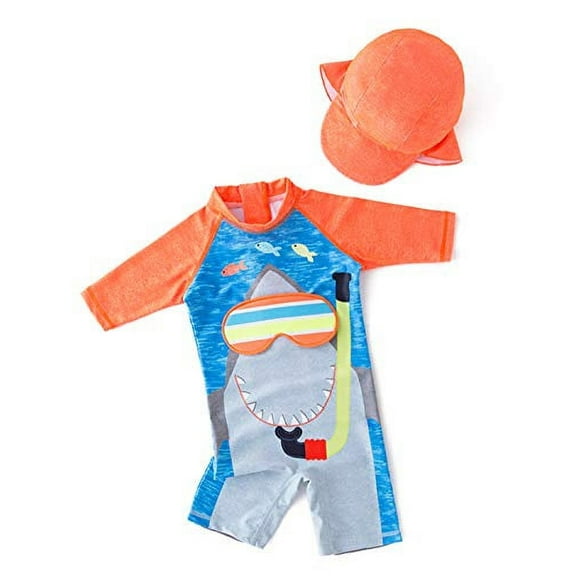 Styles I Love Little Boys Shark with 3D Swim Glasses One-Piece Rash Guard Swimsuit with Sun Hat 2pcs Beach Swimwear (12-18 Months)