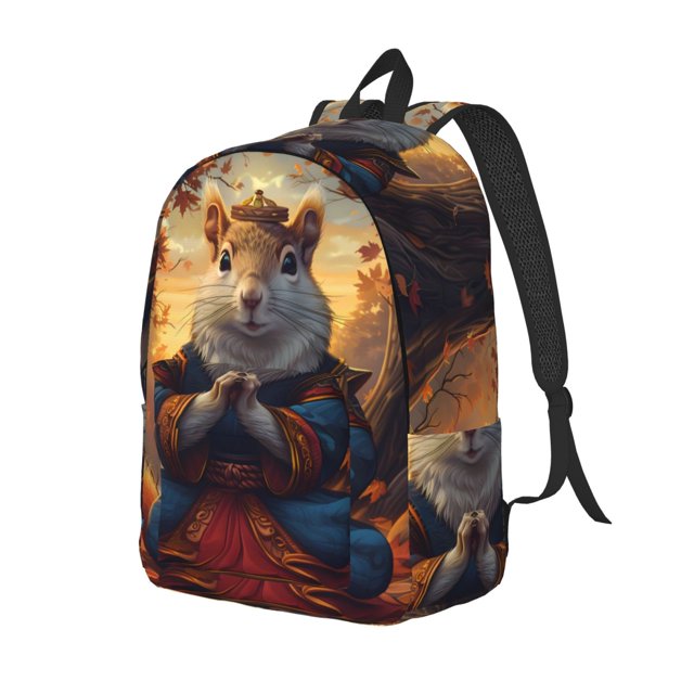 Disketp Maple Leaf Meditating Squirrel print Canvas Backpack Lightweight Travel Daypack Student Rucksack Laptop Backpack-