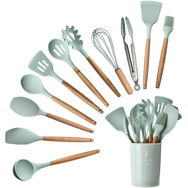 Kit de utensilios de cocina, 12 piezas Juegos de utensilios de cocina de silicona Incluye soporte para utensilios - Herramienta de cocina antiadherente para cocinar con mango de madera (color verde) JFHHH pequeña