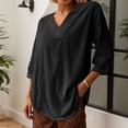 thumbnail image 2 of MIXUE Boho Tops For Women Summer Linen Solid Color V Neck Short Sleeve Casual Pullover Shirts For Women Tee Shirts Daily-Wear,Black,L, 2 of 5