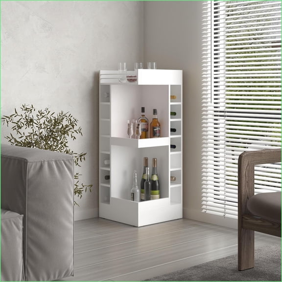 Corner Bar Cabinet, 46” Tall 3-Tier with 14 Wine Cubbies, White | Modern | Particle Board