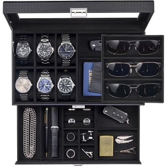 Mens Jewelry Box, Lockable 6 Slot Watch Case & 3 Slot Sunglasses Organizer, 2-layer Mens Jewelry Organizer Watch Box for Men, Watches Holder Display Storage Valentine Birthday Gifts -AllBlack