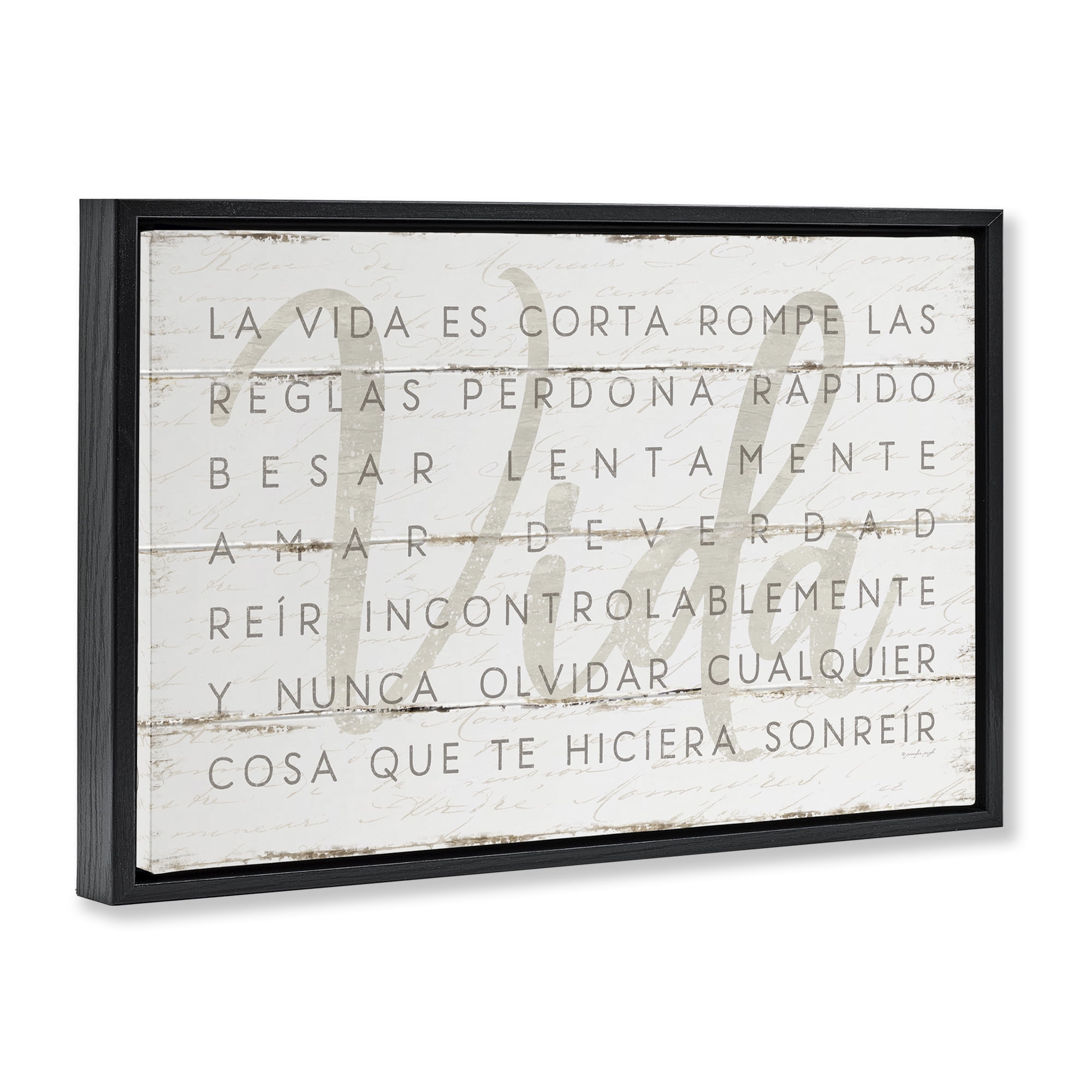 Stupell Industries La Vida es Corta Inspirational Quotes & Sayings Painting Black Floater Framed Art Print Wall Art, 25 x 17