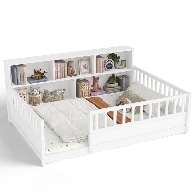Bellemave Full Montessori Bed with Storage Shelves, Wood Floor Bed with High Rail and Bookcase, Easy Assemble Full Size Beds Frame(White)