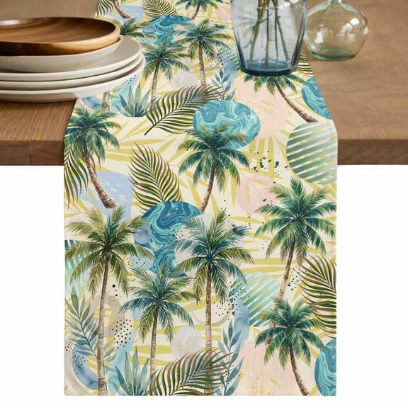 Tropical Plant Table Runner 72 Inches, Summer Watercolor Boho Green Palm Tree Beige Bed Runner Dresser Scarves Tabletop for Indoor Outdoor Parties/Ceremony/Banquet, 14" x 72"