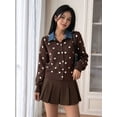 thumbnail image 4 of Women's Denim Collar Polka Dot Cropped Button Knit Sweater Jacket Cardigan Chocolate Color S, 4 of 8
