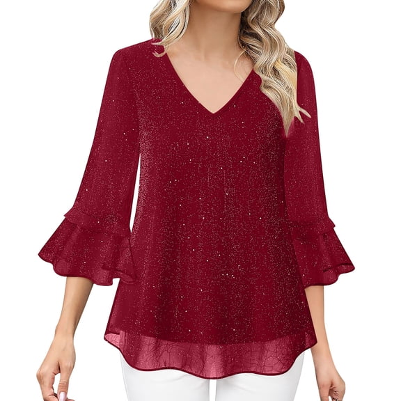 Womens Blouses Glitter Tops Sequin V Neck Blouse Skirt Ruffled Sleeves Festive Blouses for Parties New Year's Outfits Fashion Clothing
