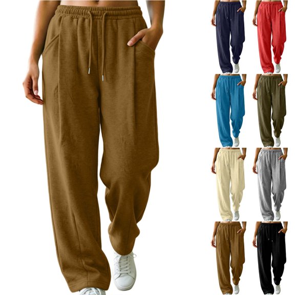 Smsaxvxz Wide Leg Sweatpants for Women Casual High Waisted Baggy Sweatpants Drawstring Workout Pants with Pockets Brown 2XL