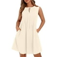 thumbnail image 1 of Lenpel Robes d'Été pour Femmes en Coton et Lin Sans Manches à Col Ras du Cou Plissées à Nouer devant Robe Courte Décontractée Fluide Robes de Plage avec Poches, 1 of 7