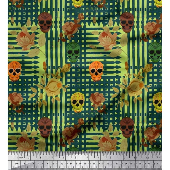 Soimoi Georgette Viscose Fabric Leaves,Rose & Skull Halloween Printed Fabric 1 Yard 42 Inch Wide