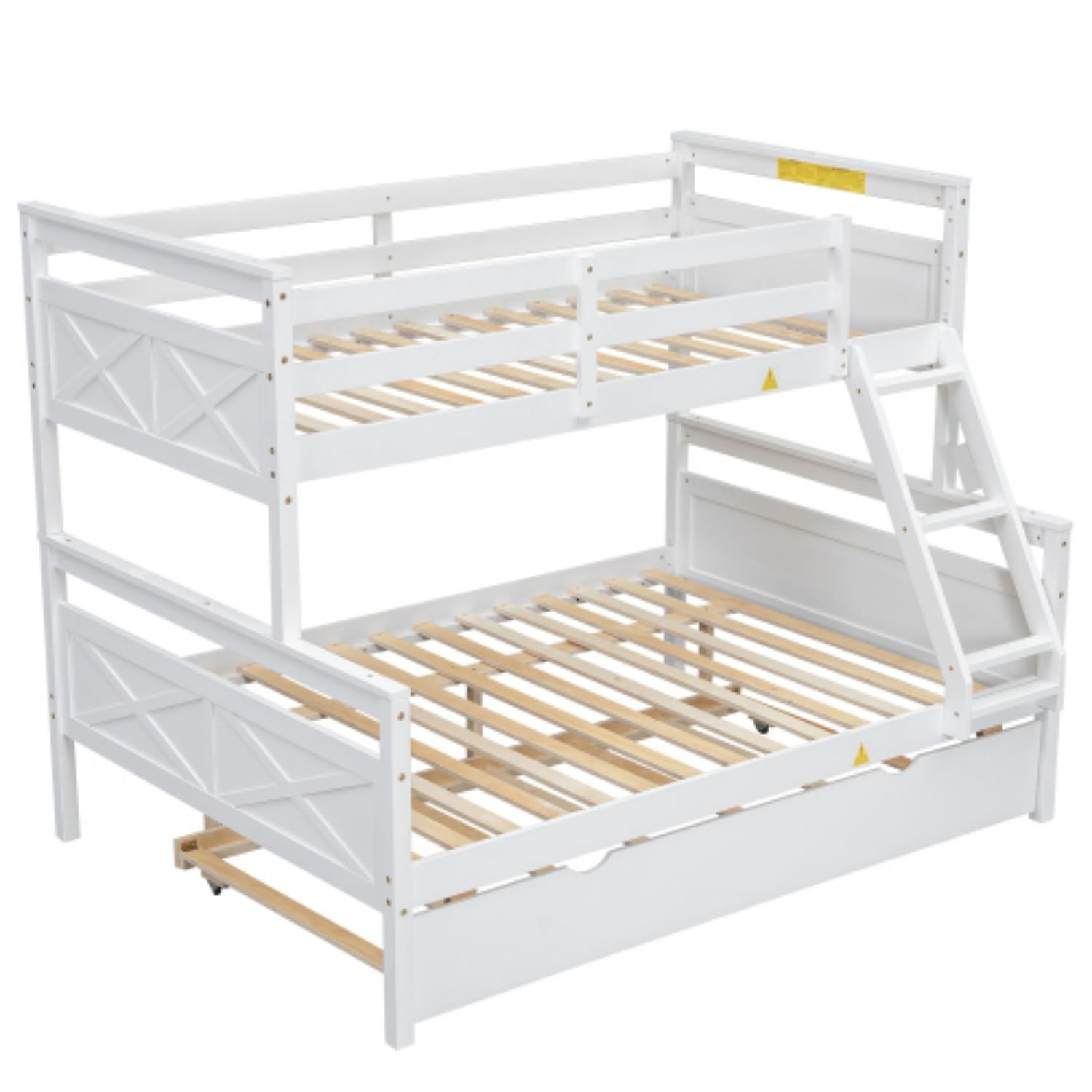 Twin Over Full Bunk Bed with Twin Trundle, Convertible Wood Bunk Bed with Ladder and Safety Guardrails, Twin Full Bed Frame for Kids Bedroom, White
