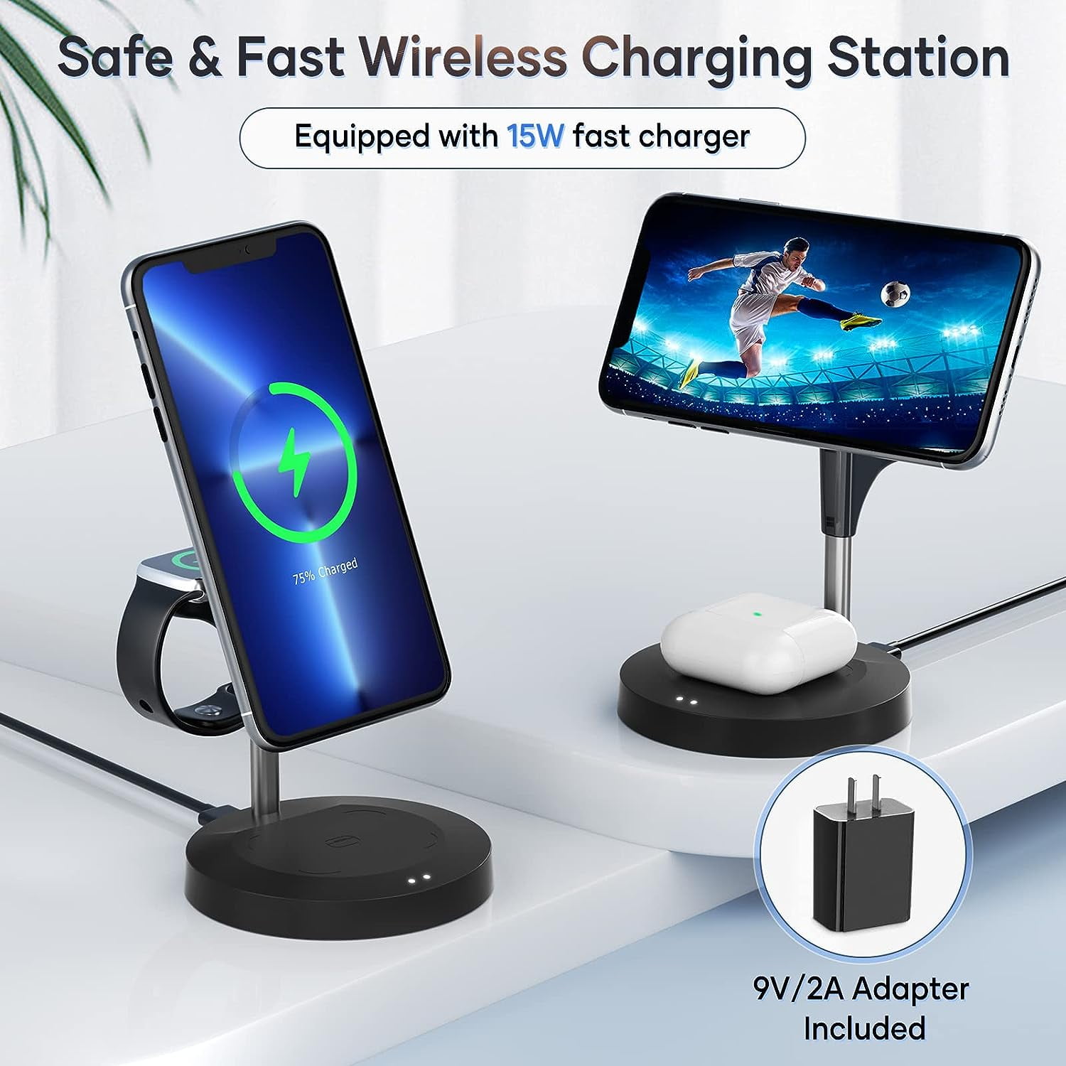 delpattern 3-in-1 Wireless Charger Station, Fast Charging Dock for iPhone 14/13/12, Apple Watch, AirPods (Black)