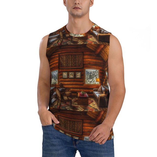 Fotbe Log Cabin Inside Men's Camiseta sin Mangas Estampada para Hombres, Playera Casual para Gimnasio, Entrenamiento, Playa-Large