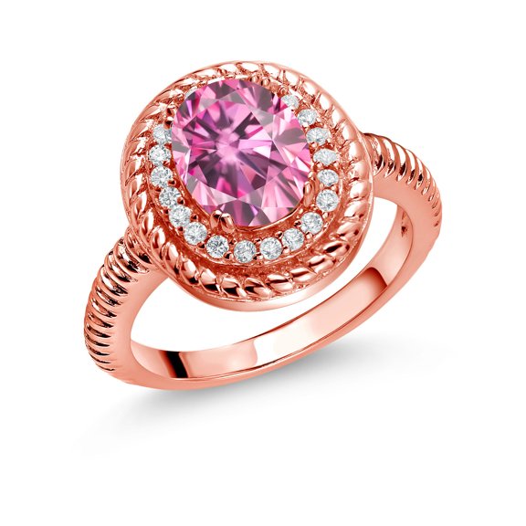 Gem Stone King 18K Rose Gold Plated Silver Halo Engagement Ring Oval Pink Moissanite and (2.26 Cttw, Size 6)