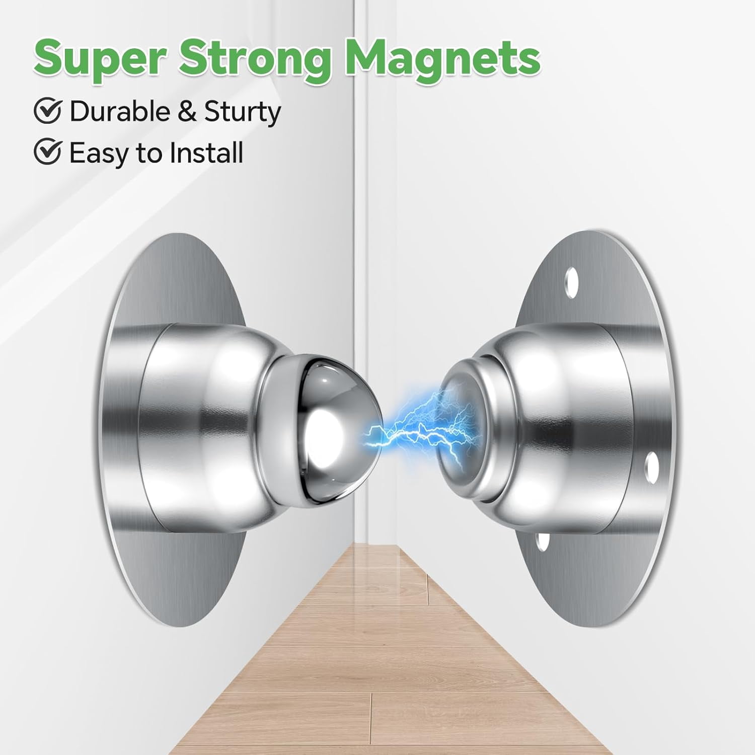 JJEAN-RV Magnetic Door Stop for Door Holding & Stopping, Easy Install Non-Obtrusive Design, Flexible Mounting Options for Older Homes & Uneven Doors, Protects Walls, Suitable for All Rooms (Silver)