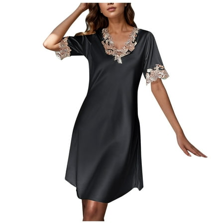DuoJiaJ Nightgown For Women Lingerie Satin Chemise Lingerie Nightie Sleep Dress Sleepwear Women s Long Nightgowns Black