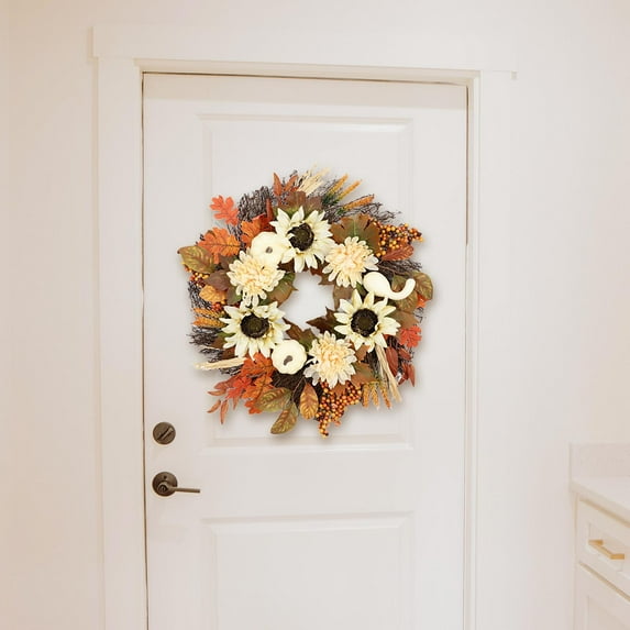 Fall Pumpkin Wreath Artificial Wreaths Home Decor Indoor Maple Leaves Decorative Front Door Wreath for Cafe Halloween Festivals Restaurant 50cm