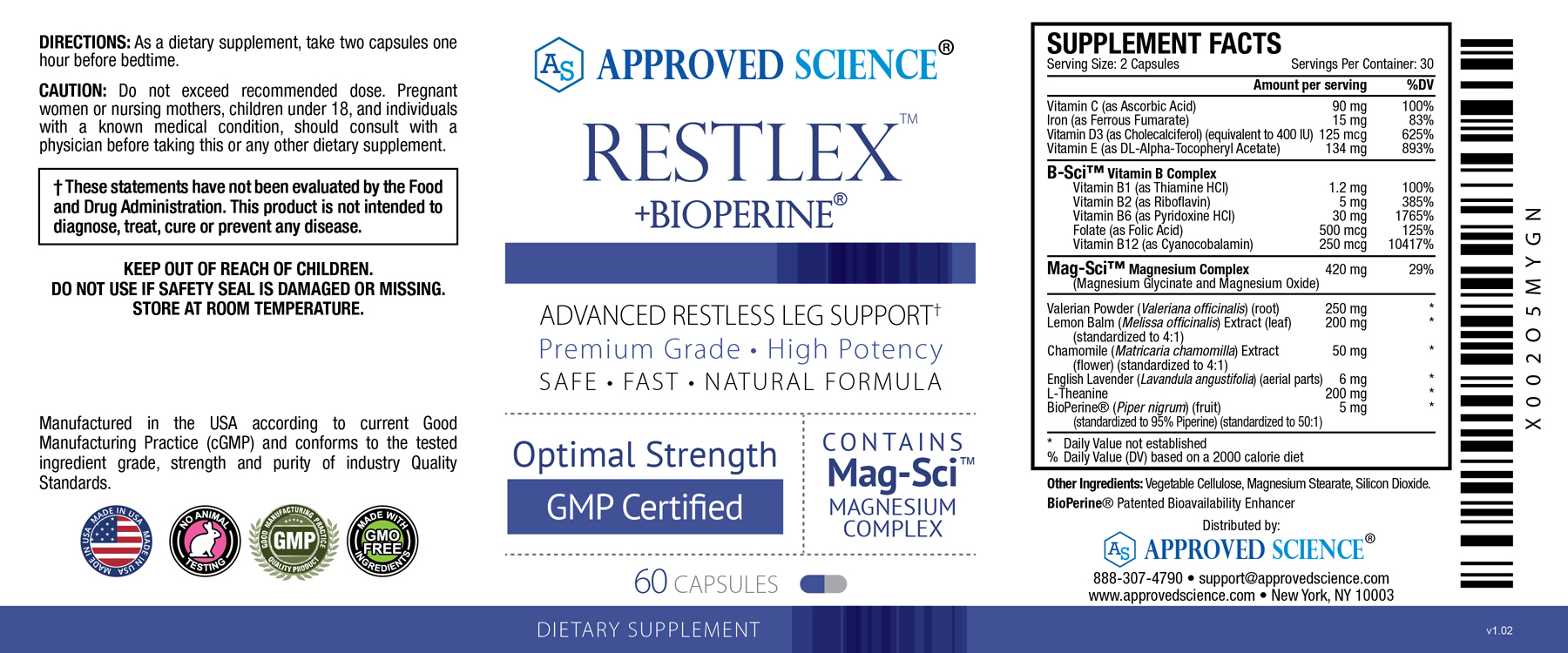 Approved Science Restlex - 420 mg Magnesium Glycinate Blend, L-theanine 200 mg - 60 Capsules