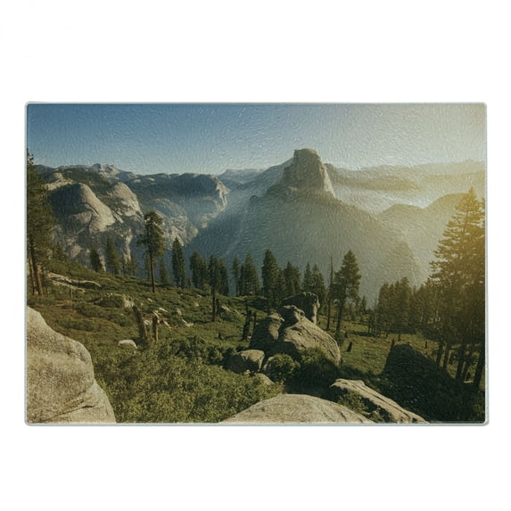 Yosemite Cutting Board, Yosemite Valley and Half Dome in Foggy Morning During Romantic Sunrise Scenery, Decorative Tempered Glass Cutting and Serving Board, Small Size, Green Beige, by Ambesonne