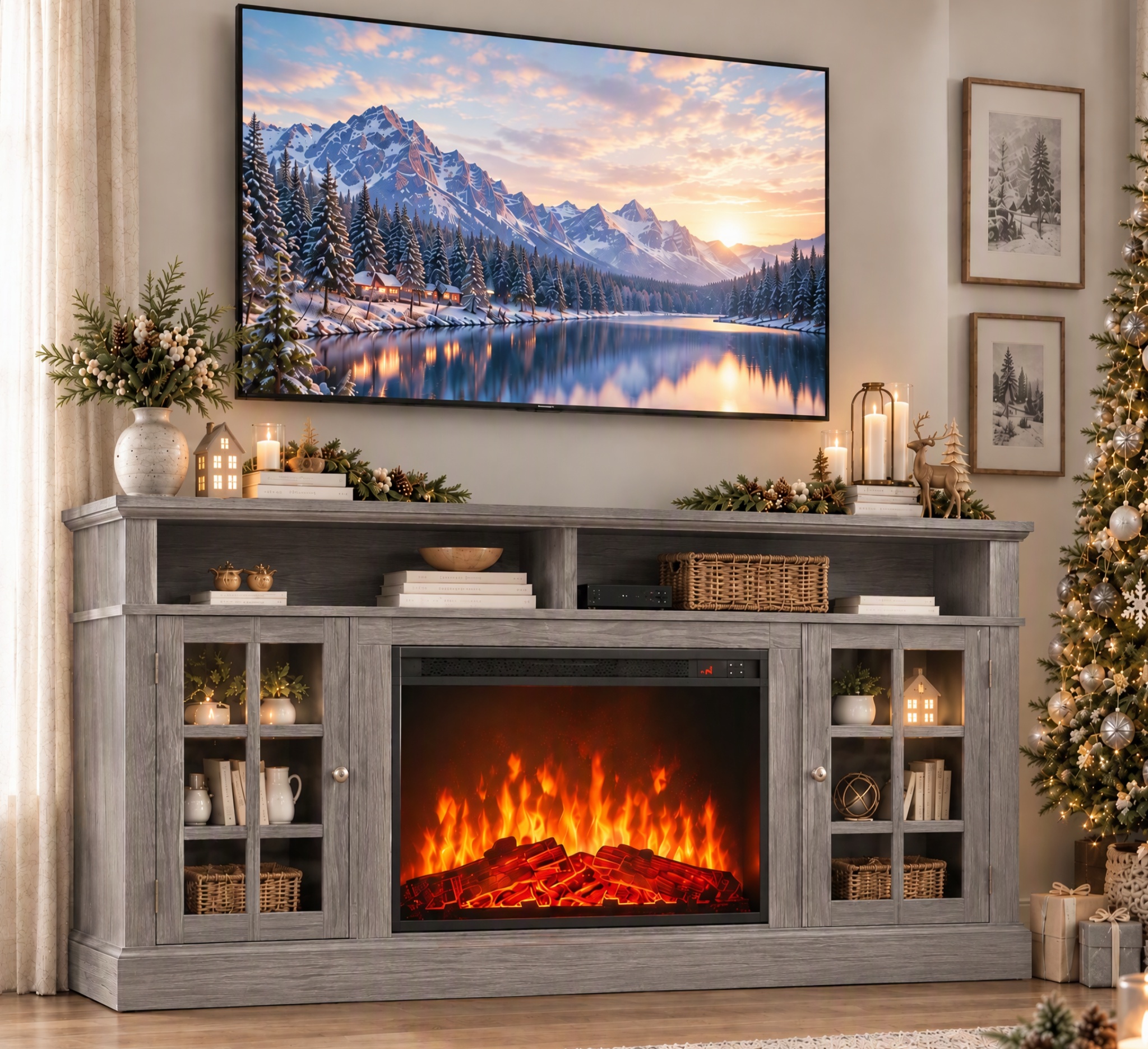 CHITOOMA TV Stand for 75" TVs with Electric Fireplace