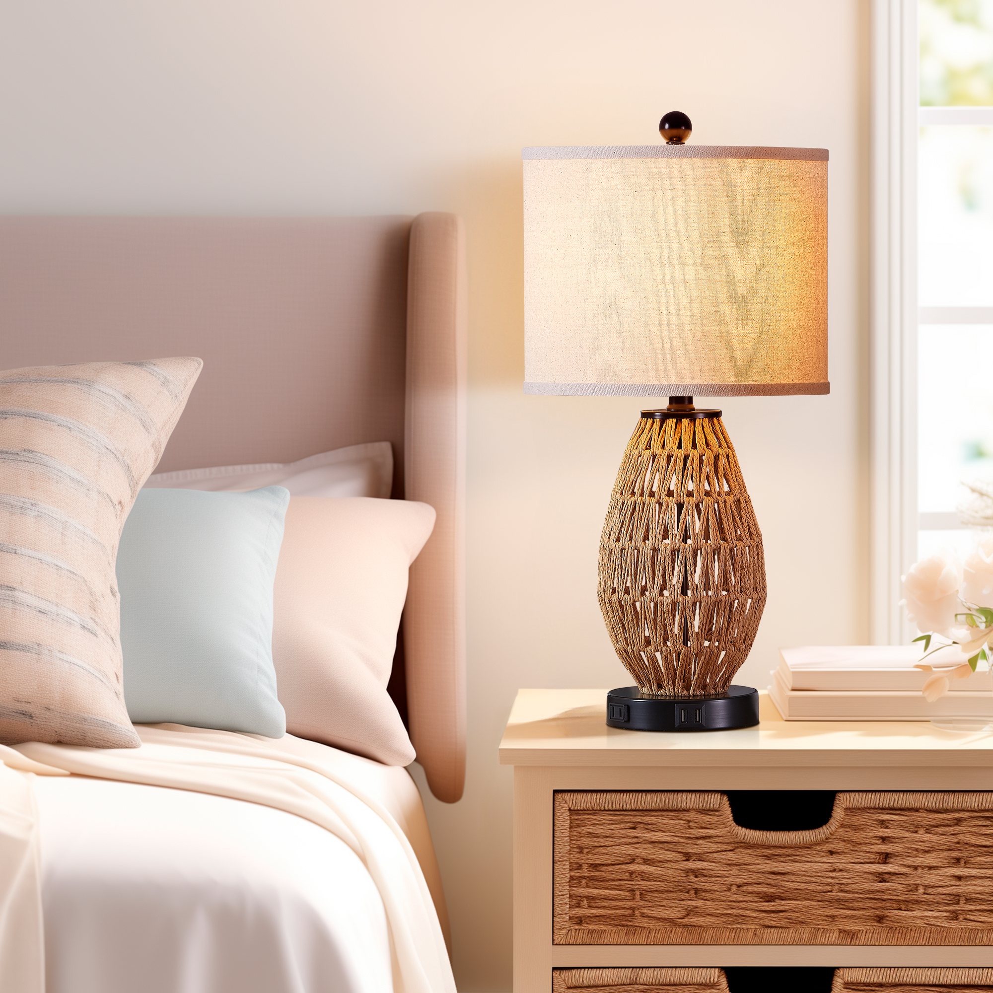 Cinkeda Rattan Table Lamps for Living Room Bedroom Modern 3 Way Dimmable Touch Nightstand Bedside Lamp with USB Ports AC Outlet
