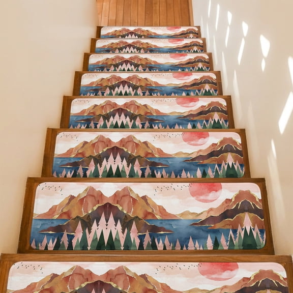 Watercolor Landscape Stair Treads Non Slip for Steps Pine Forest Red Sun Mountain Lake 4 Pcs Reusable Adhesive Stair Runner Mats for Dogs Elders Carpet Treads Rugs for Staircase 8x30 In