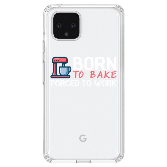 DistinctInk Clear Shockproof Hybrid Case for Google Pixel 4 XL (6.3" Screen) - TPU Bumper Acrylic Back Tempered Glass Screen Protector - Born to Bake Forced to Work
