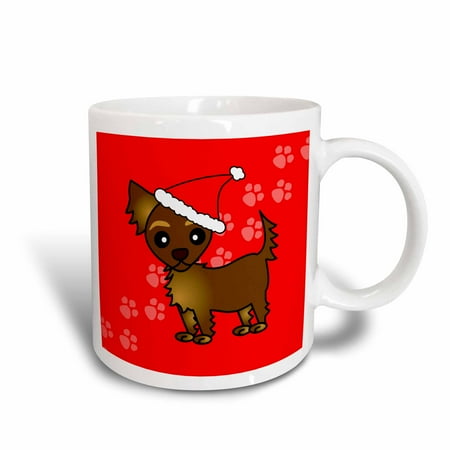 Chihuahua Santa - 3dRose Cute Chocolate Brown Longhaired Chihuahua Red with Santa Hat, Ceramic Mug, 11-ounce