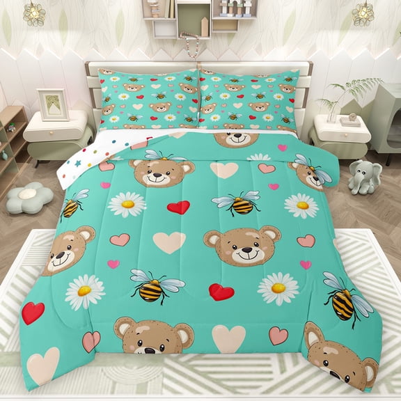 jejeloiu Kawaii Bear Loves Bedding Comforter Set,Cute Daisy Flowers Twin Comforter Sets,Rustic Bee Bedding Set For Girls Kids,Microfiber Bedroom Decor Reversible,2 Pieces