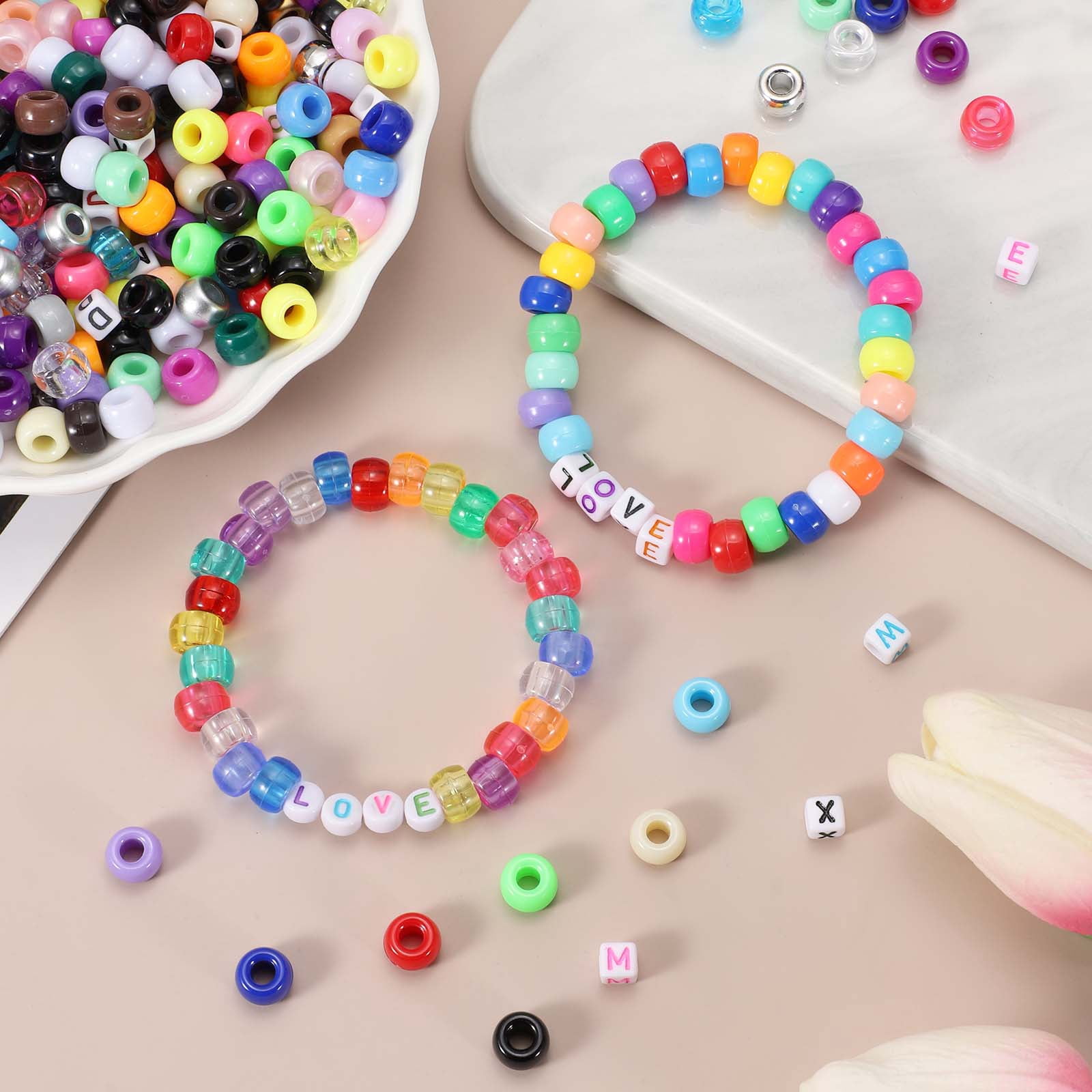 Uxcell 1000 Pcs Pony Beads 6 x 9 mm Acrylic Friendship Bracelet Making Kit with Letter Bead, Dark Multicolor