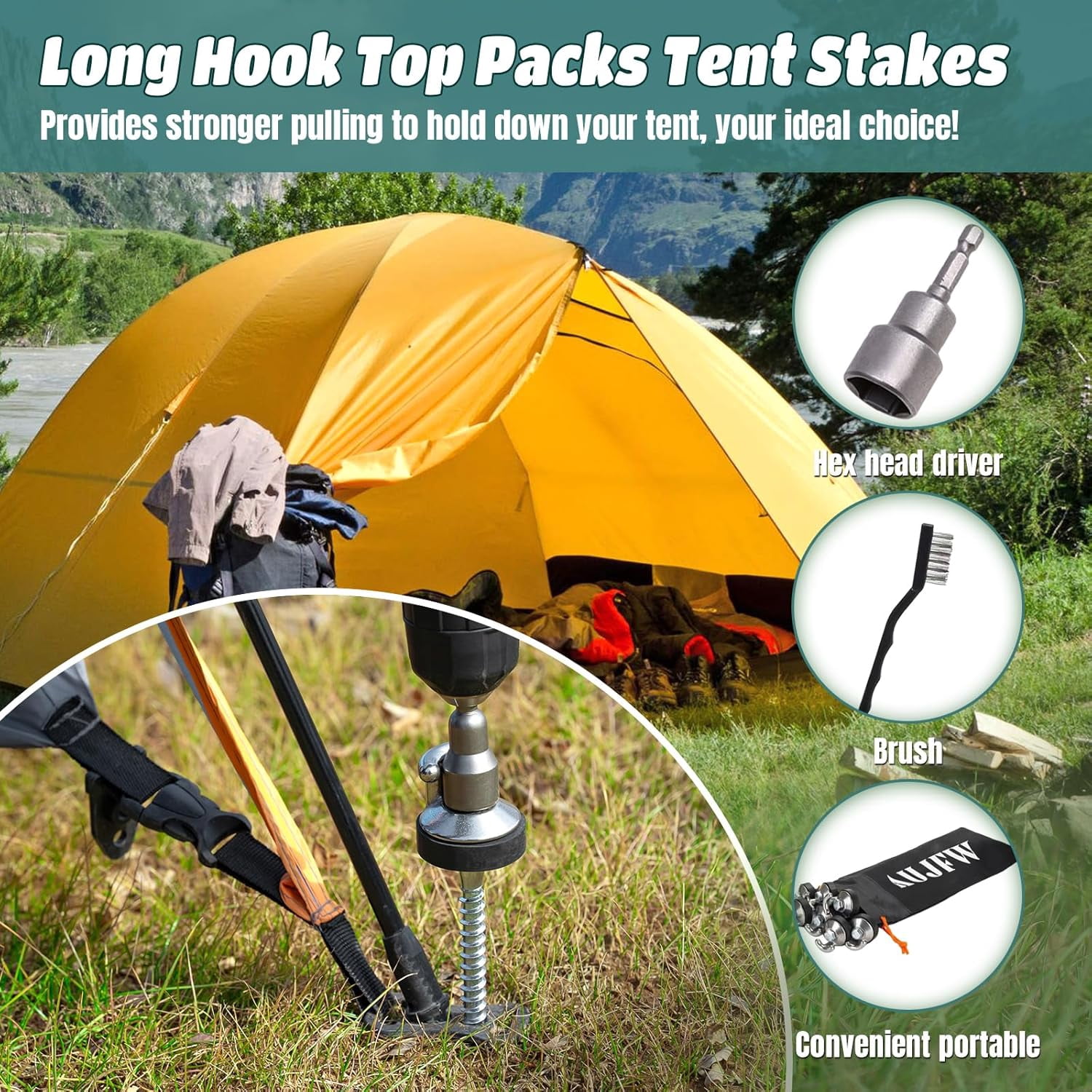 16 Pcs 10 Inch Drillable Tent Stakes Heavy Duty Hardened Steel Ground Pegs with Hex Tool and Storage Bag for Camping Travel