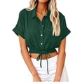thumbnail image 2 of Women Casual Crop Short Sleeve Button Down Blouses Shirt Collar Loose Fit Shirt Dark Green M, 2 of 6