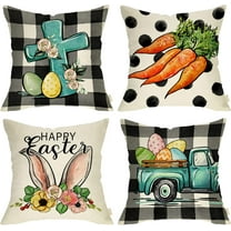 Happy Easter Egg Bunny Truck Decorative Throw Pillow Covers 16x16 Set of 4, Spring Religious Black White Buffalo Plaid Check Carrot Patio Home Decor, Farmhouse Cross Polka Dot Couch Cushion Case