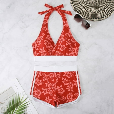 Brondbend Swimsuit for Women 2025 Floral Prints Halter Swimsuit Sets Sexy Adjustable Straps High Waist Bottom Bikini Swimsuit with Pad Simple Womens Fashion for Party Online Shopping Red S