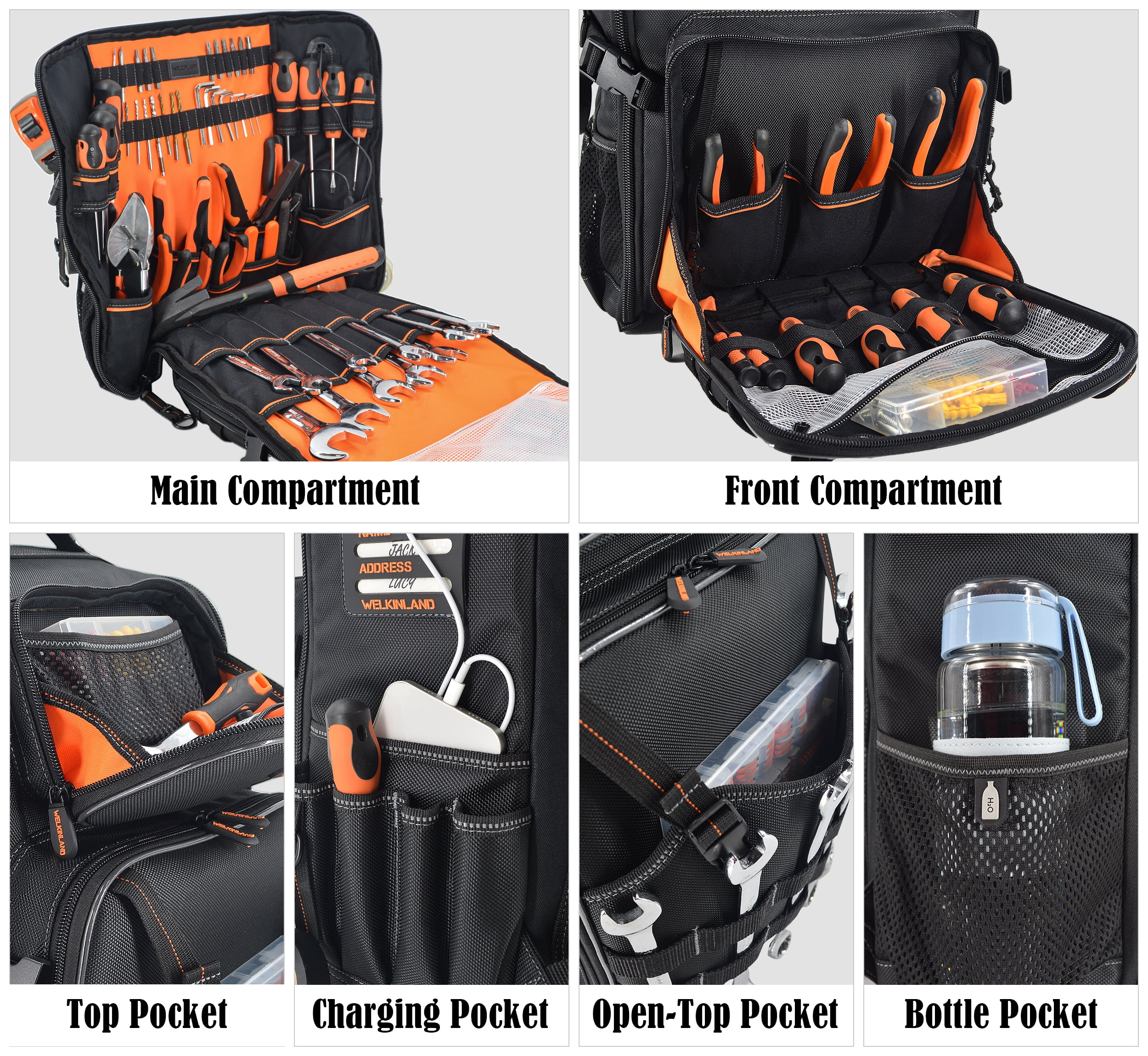 WELKINLAND Full-Open Tool backpack, Tool bag backpack, Tool backpack bag, Tool back pack, Tool bookbag, Backpack tool bag, Tool backpack for men, Tool backpack for electricians, Tool backpack