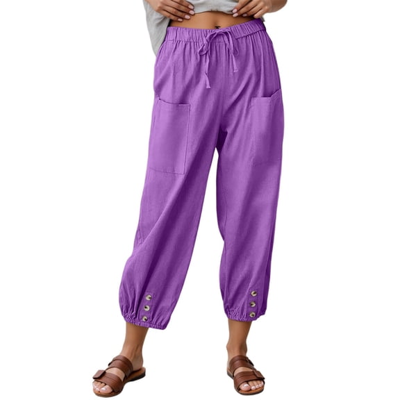 Bibifish Womens Cropped Pants Solid High Waisted Button Waist Loose Wide Leg Ankle Length Casual Pants