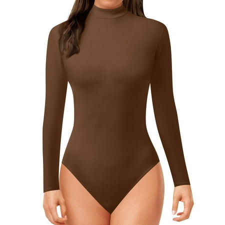 OAUP Turtle Neck Long Sleeve Bodysuit With Velvet Women Tummy Control Jumpsuit Curvy Rompers Brown