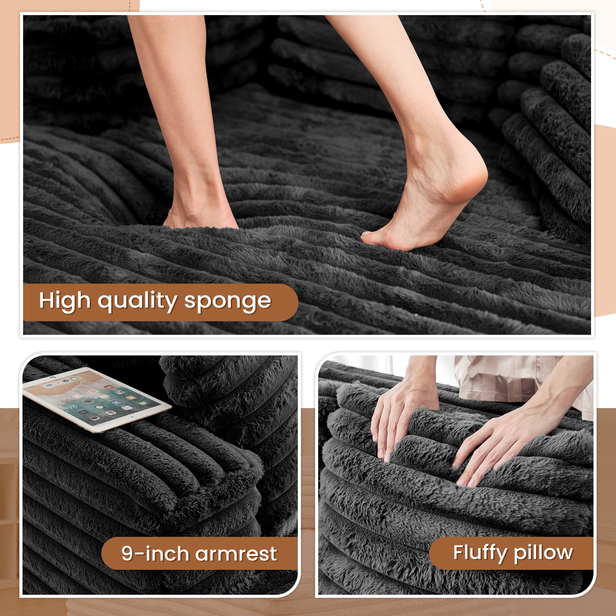 Muumblus Oversized Chaise Lounge Chair Indoor Furniture, No Assembly Required, Plush Corduroy Upholstered Sofa Bed Cozy Sleeper Couch for Living Room, Bedroom, Black