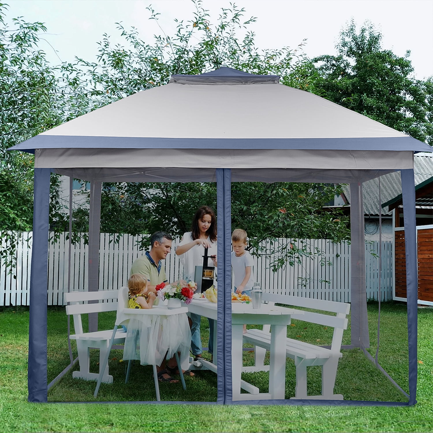 Ainfox 11x11 ft Outdoor Patio Pop Up Canopy Gazebo with Heavy Duty Frame, Mosquito Netting & UV Protection,Navy Blue