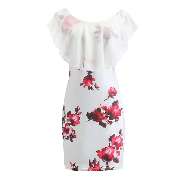 Ruffle Floral Print Dress Women Fashionable Elegant Bodycon Dress for Dating Holiday Party White XXL