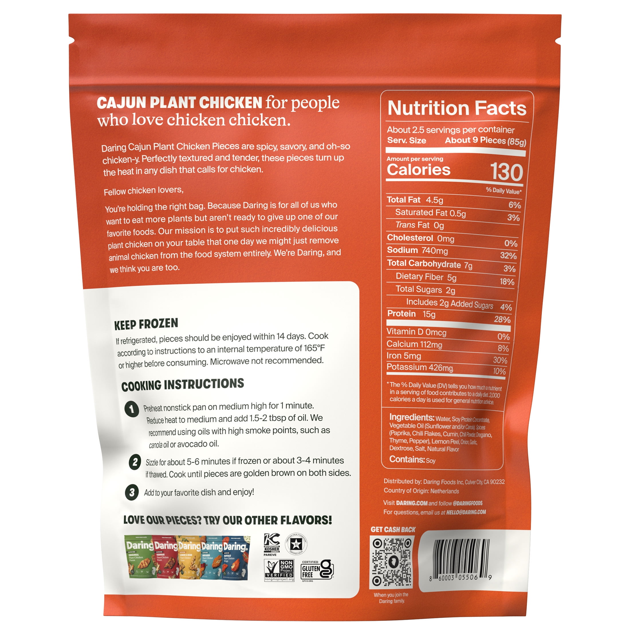 Daring Plant-Based Frozen Cajun Chicken Breast Pieces, Vegan, 8 oz, 27 Count