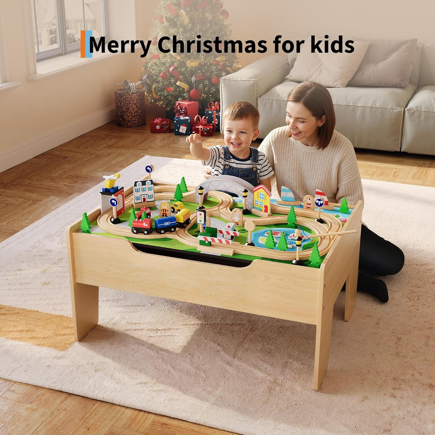 Garvee Wooden ﻿Train Table 31.5 x 22.44 x 15.75", 78 Multicolor Piece, for Toddlers 3+