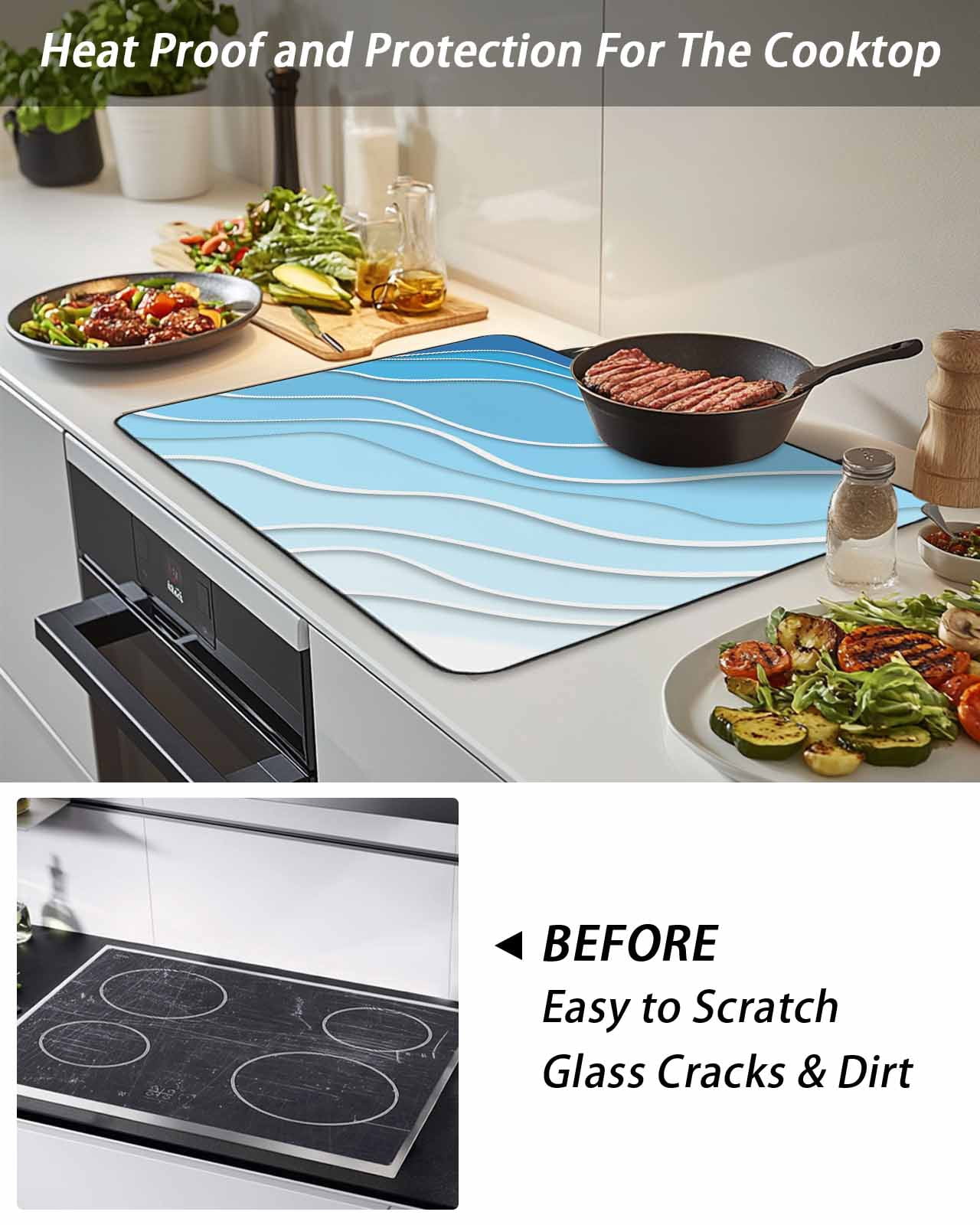 Stove Top Covers for Electric Stove, Blue Aqua Ombre Glass Stovetop Cover Protector, Modern Geometric Abstract Aesthetic Cream Induction Cooktop Protector Oven Mat for Kitchen Countertop 24"x21"