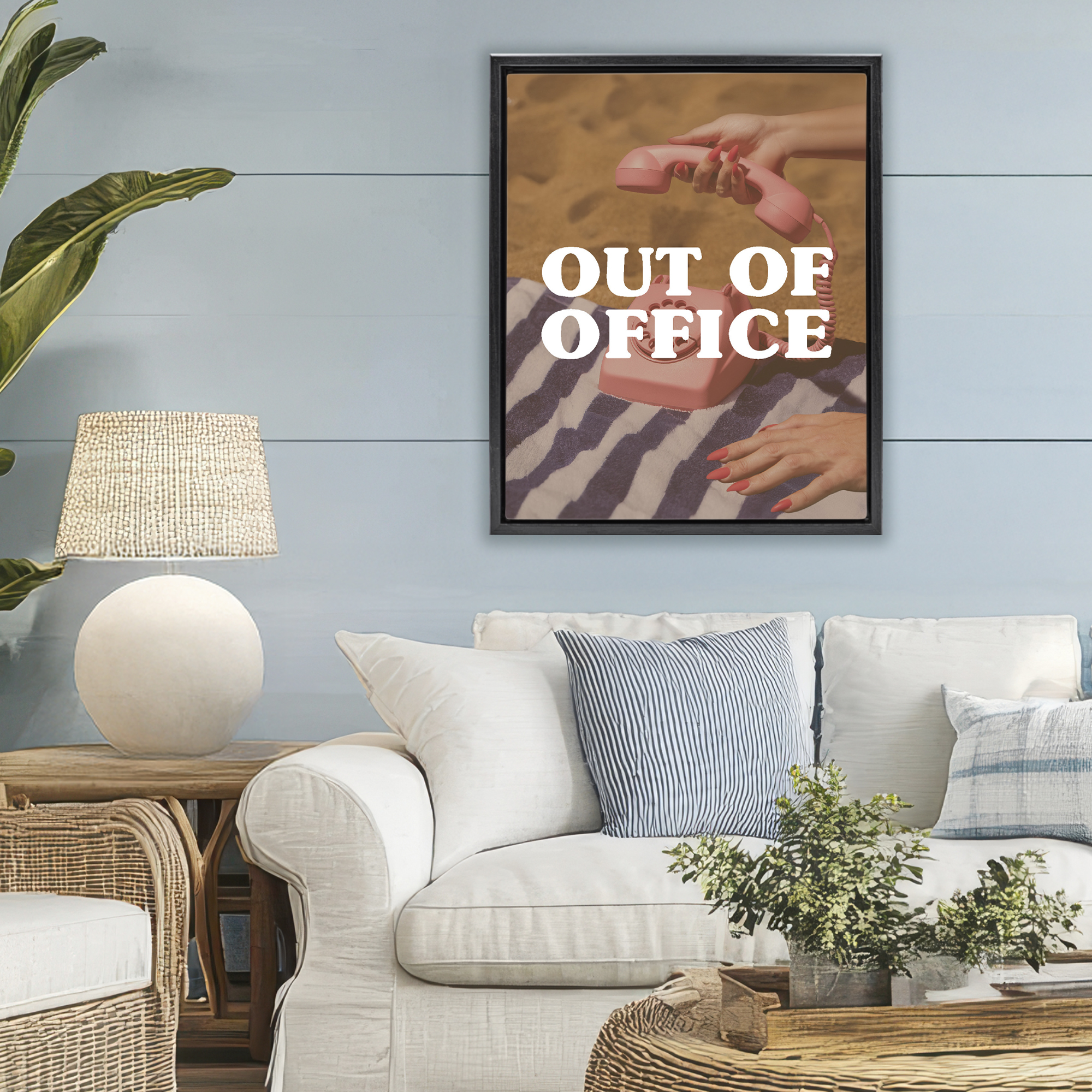Out of Office Pink Phone Black Framed Floater Canvas Wall Art, design by Lil' Rue